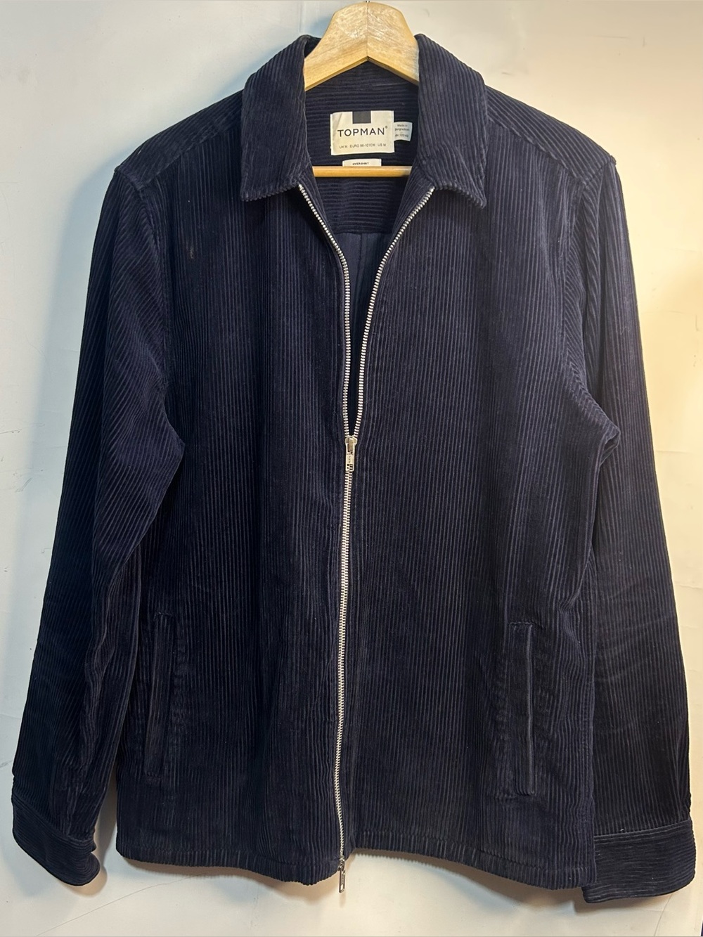 TOPMAN Navy Corduroy Zip Front Collared Jacket Medium
